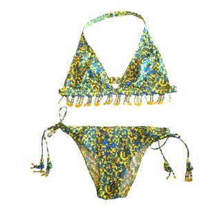 California Waves Yellow and Blue Beaded Bikini